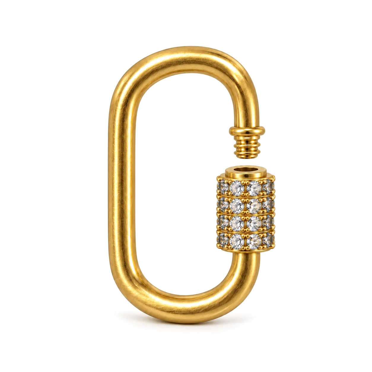 Brushed gold pavé carabiner with its screw gate open, turning on a white studio background
