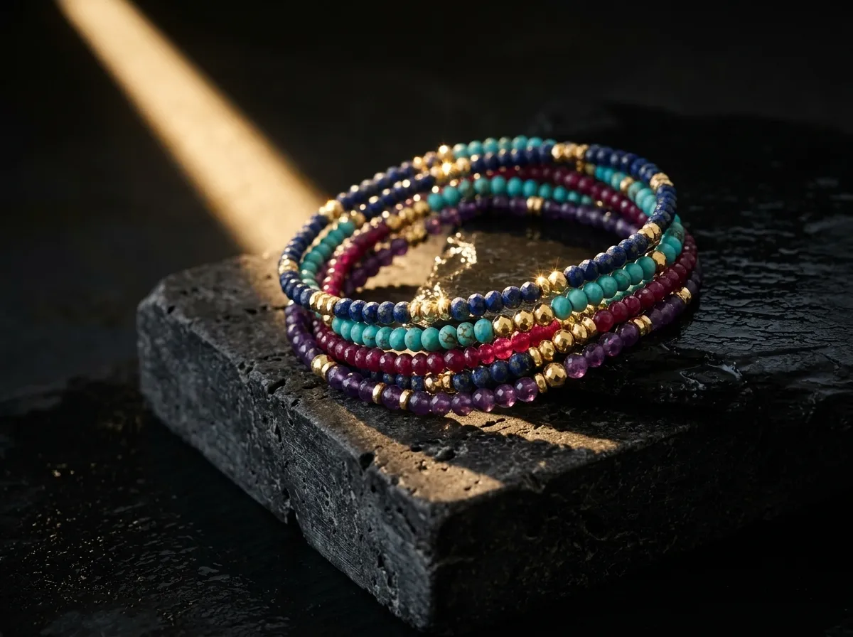 Stack of multicolor faceted bracelets on a dark stone block